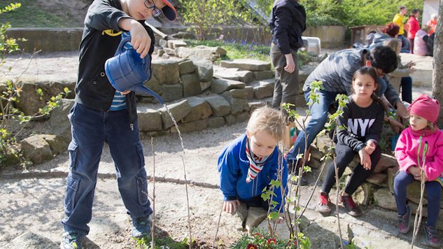 Kinder kümmern sich um ein Beet im Kita Garten
